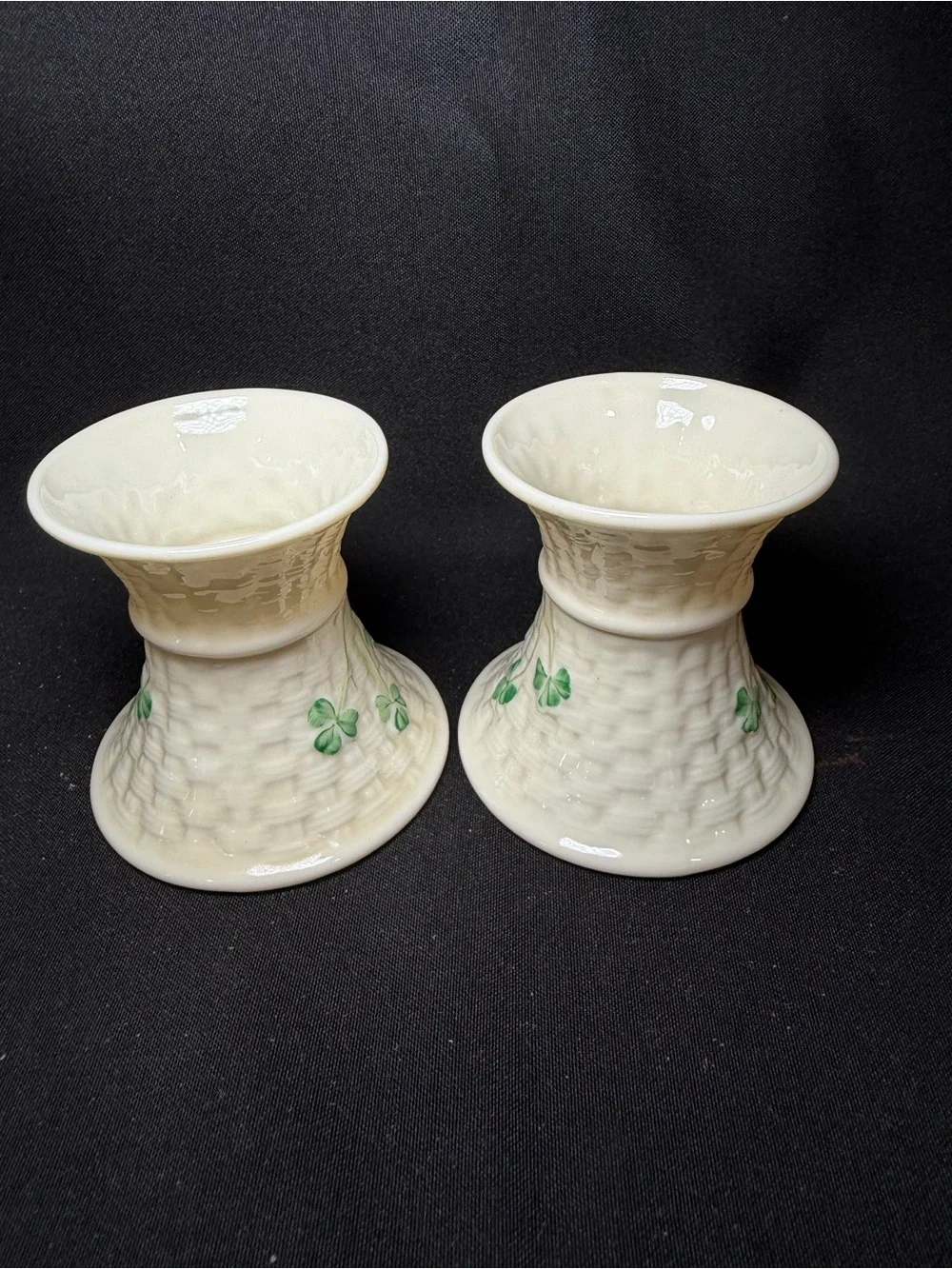 Belleek Ireland Shamrock Porcelain Taper Candle Holders Pair White/Green Gold